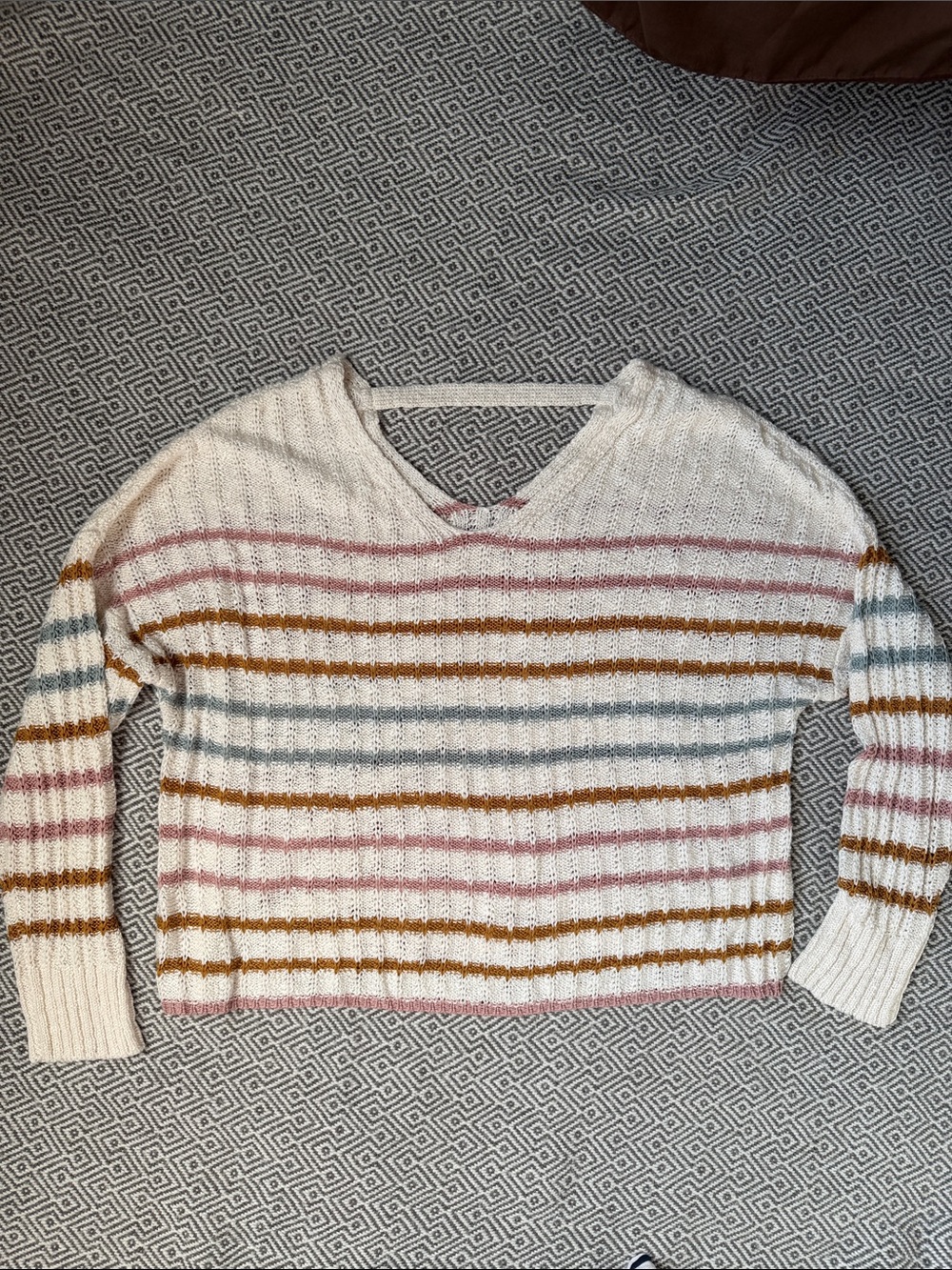 Kohl's Cream Sweater with Pink, Mustard and Light Blue Stripes - Picture 2 of 12